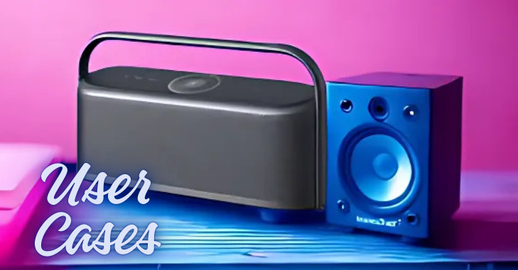 Rear view of a portable speaker showing charging ports