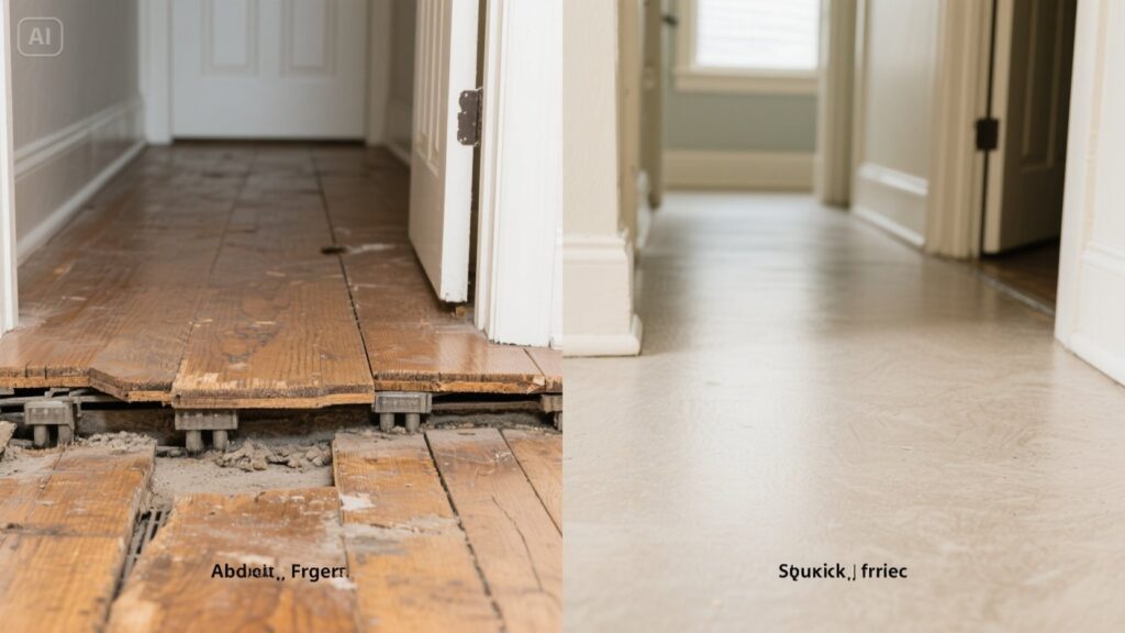 Contractor repairing a squeaky floor from the basement