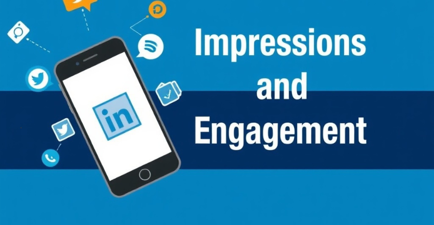 LinkedIn post analytics panel showing impressions count and engagement breakdown on a laptop screen