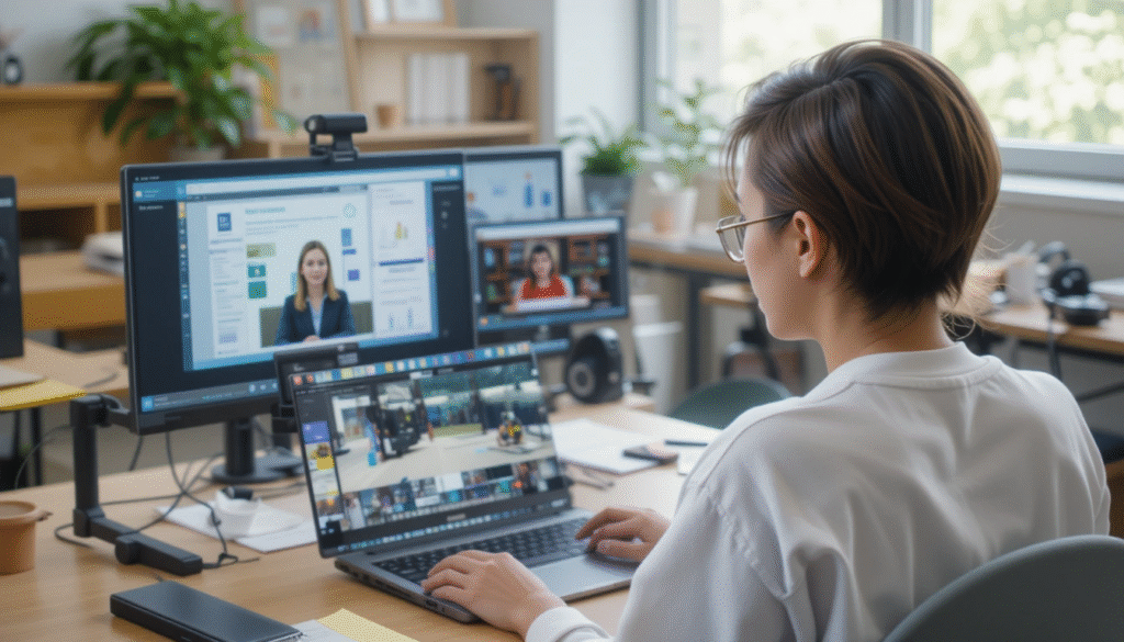Business consultant working with an extended laptop display