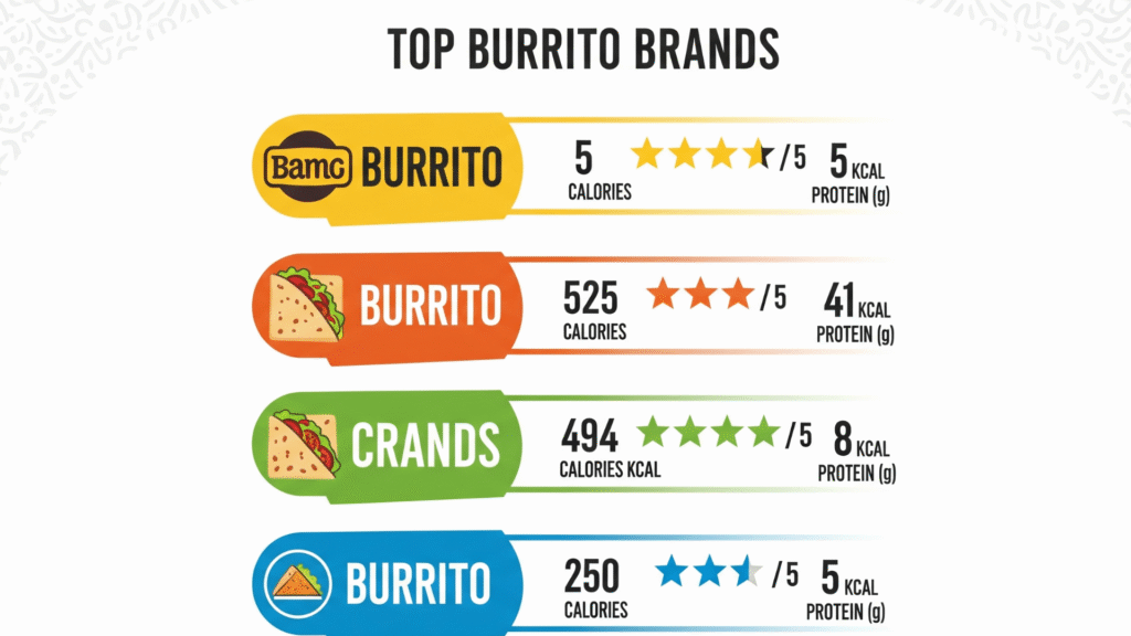 Packaged burritos arranged for a taste comparison
