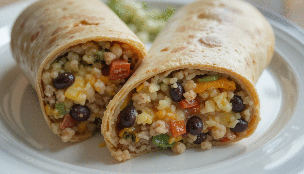 Frozen burritos stacked in a supermarket freezer case