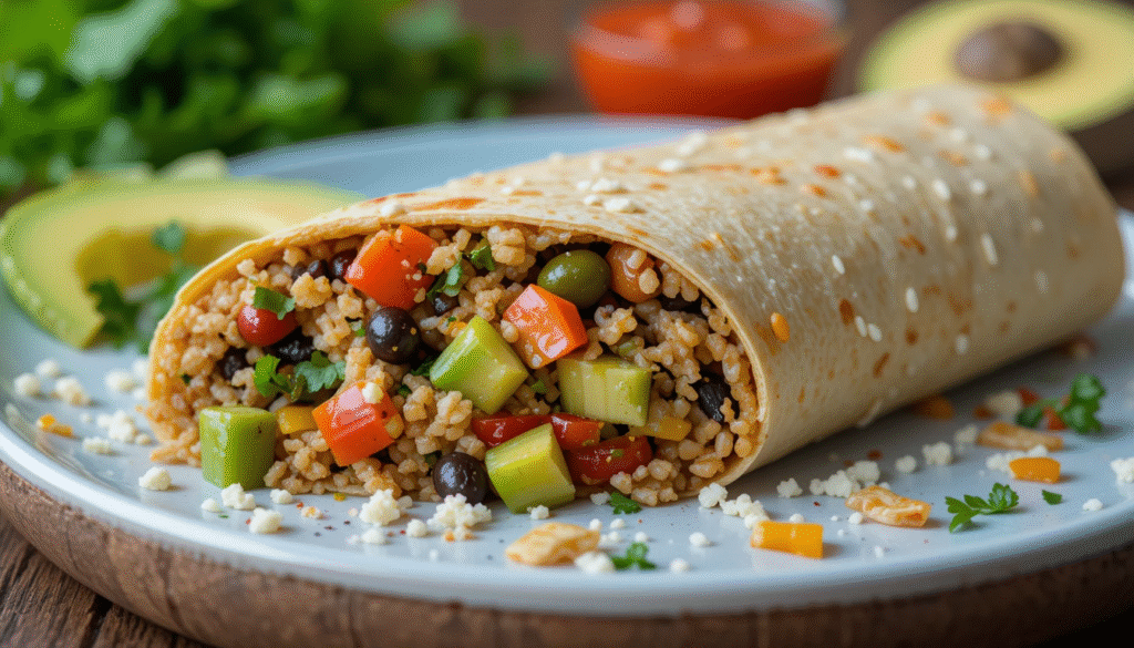 Burrito sliced open to show the filling inside