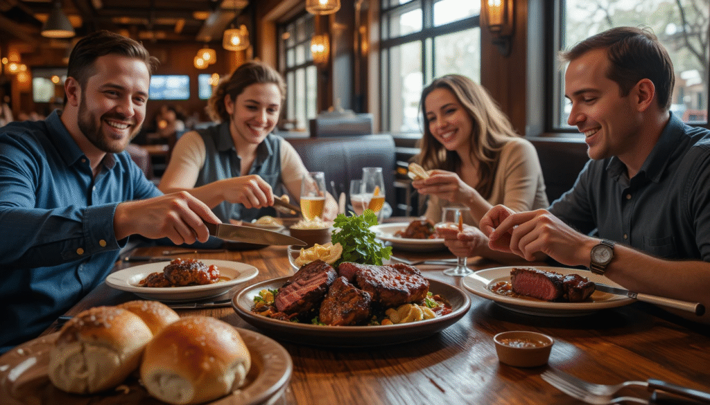 Casual steakhouse dining room with wooden booths