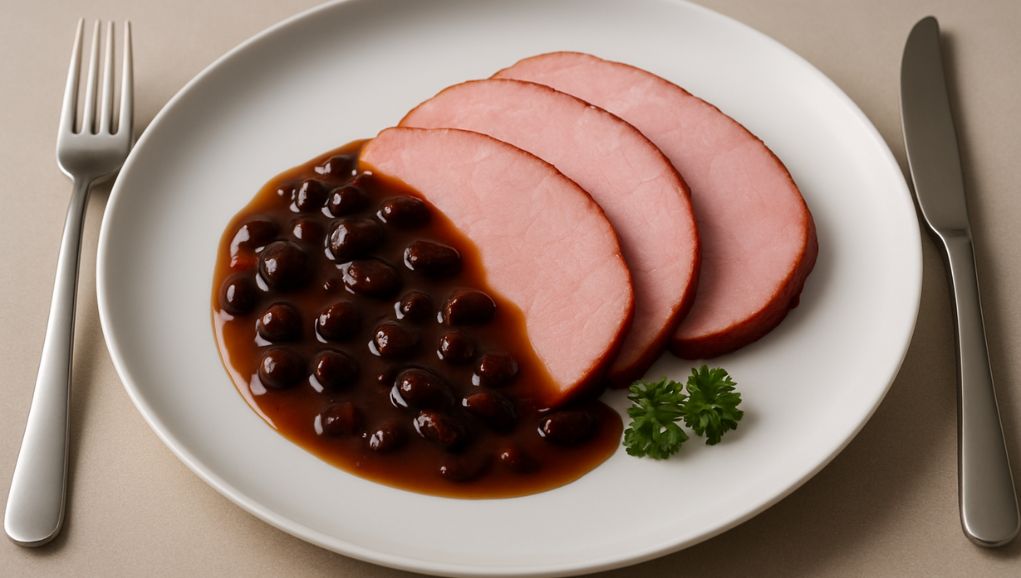 Glazed ham served with a bowl of raisin sauce