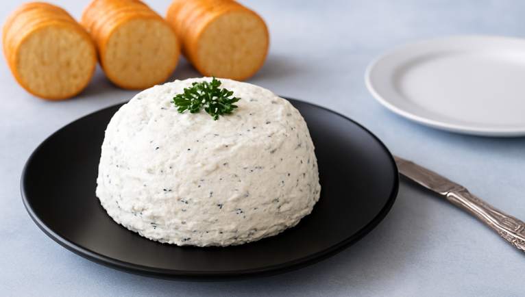 Cheese spread on crackers with fresh herb garnish