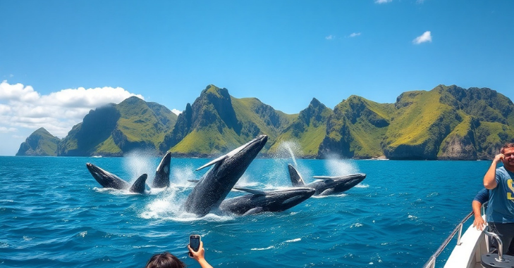Passengers in waterproof jackets bracing on the deck of a whale watching boat in choppy seas