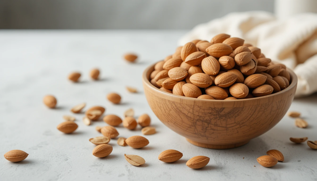 Assorted high-protein nuts including almonds, pistachios, peanuts, cashews and walnuts in wooden bowls