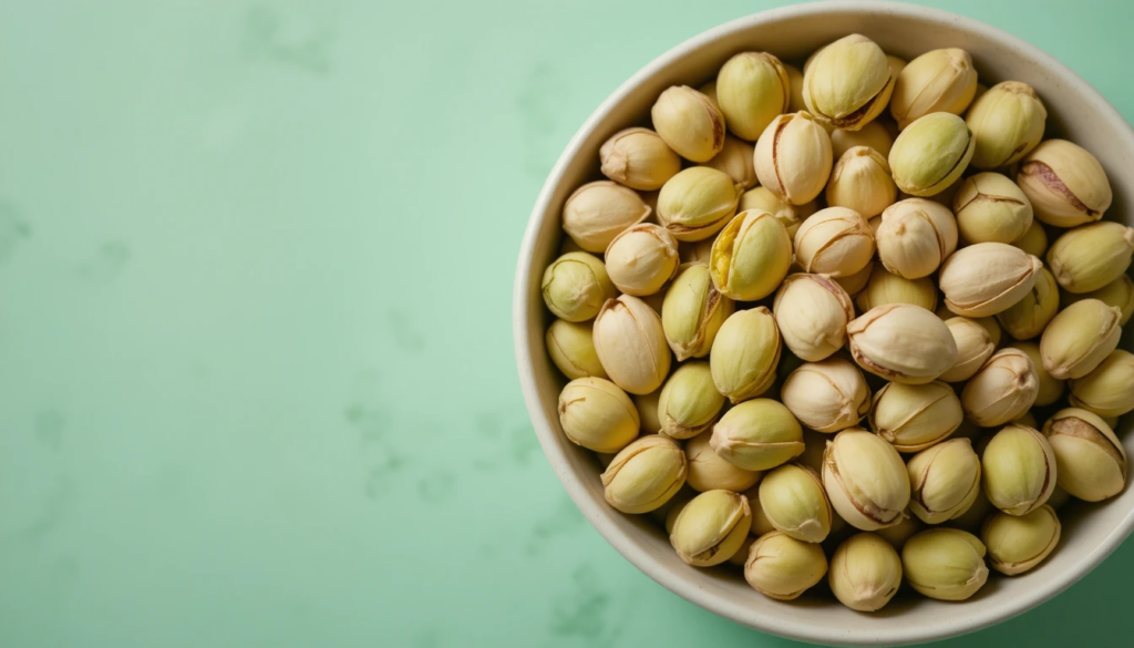 Walnut halves and pistachio kernels arranged on a wooden serving board