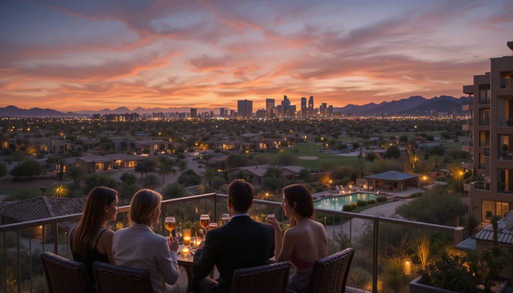 Desert suburb with mountain views at golden hour