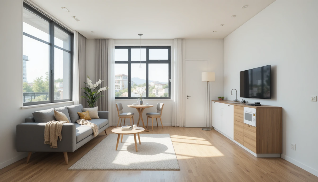 Open-concept living and dining area in a small apartment