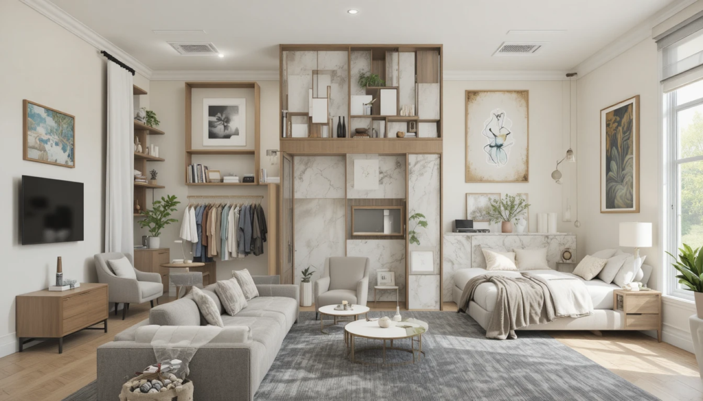Bedroom furnished to maximize limited floor space