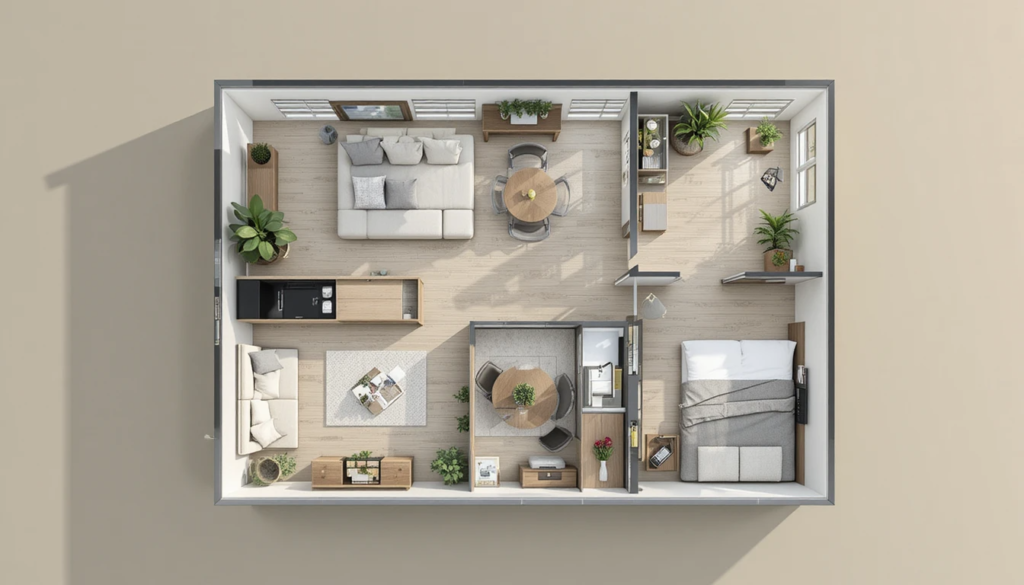 Architectural floor plan drawing of a one-bedroom apartment