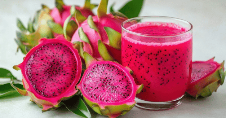 Sliced dragon fruit showing speckled white flesh
