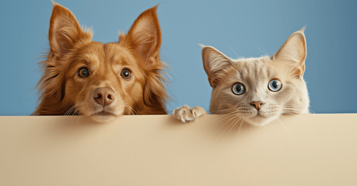 Cat and dog sitting side by side on a living room floor