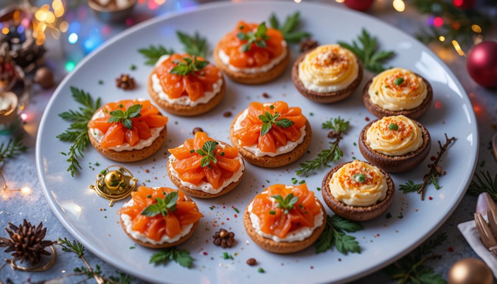 Party appetizers arranged on a festive serving platter