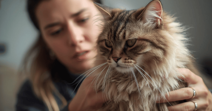 Close-up of a shorthaired tabby cat being brushed, with loose undercoat hair collecting in the brush