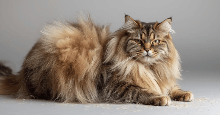 Long-haired Maine Coon cat sitting on a couch beside a visible layer of shed fur