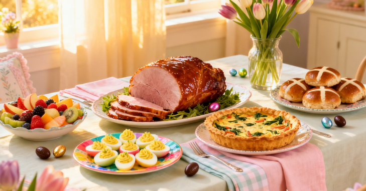 Easter brunch table set with pastel decorations and flowers